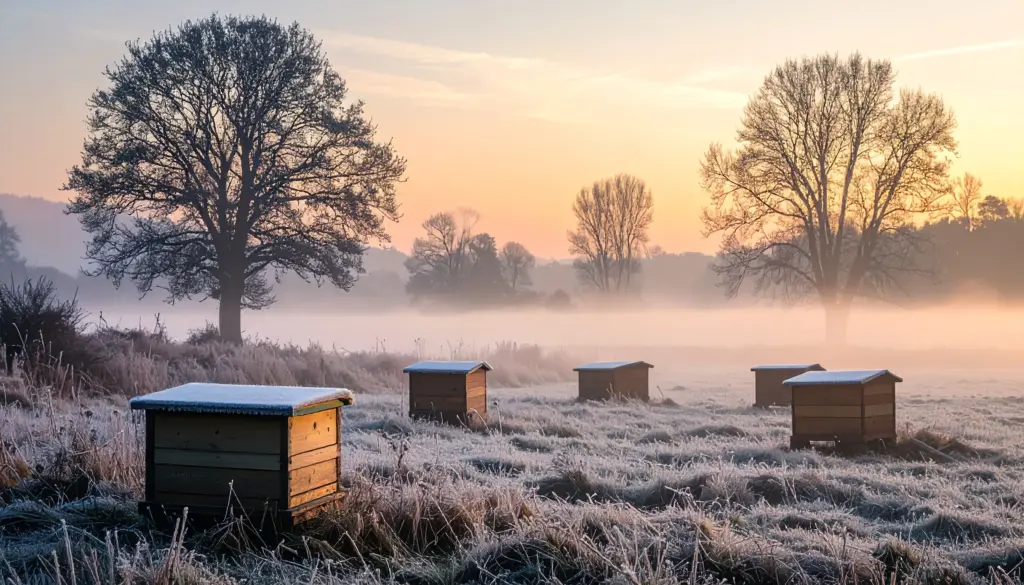 Bienenstöcke an einem frostigen Wintermorgen - im Inneren halten die Bienen ihre Wintertraub